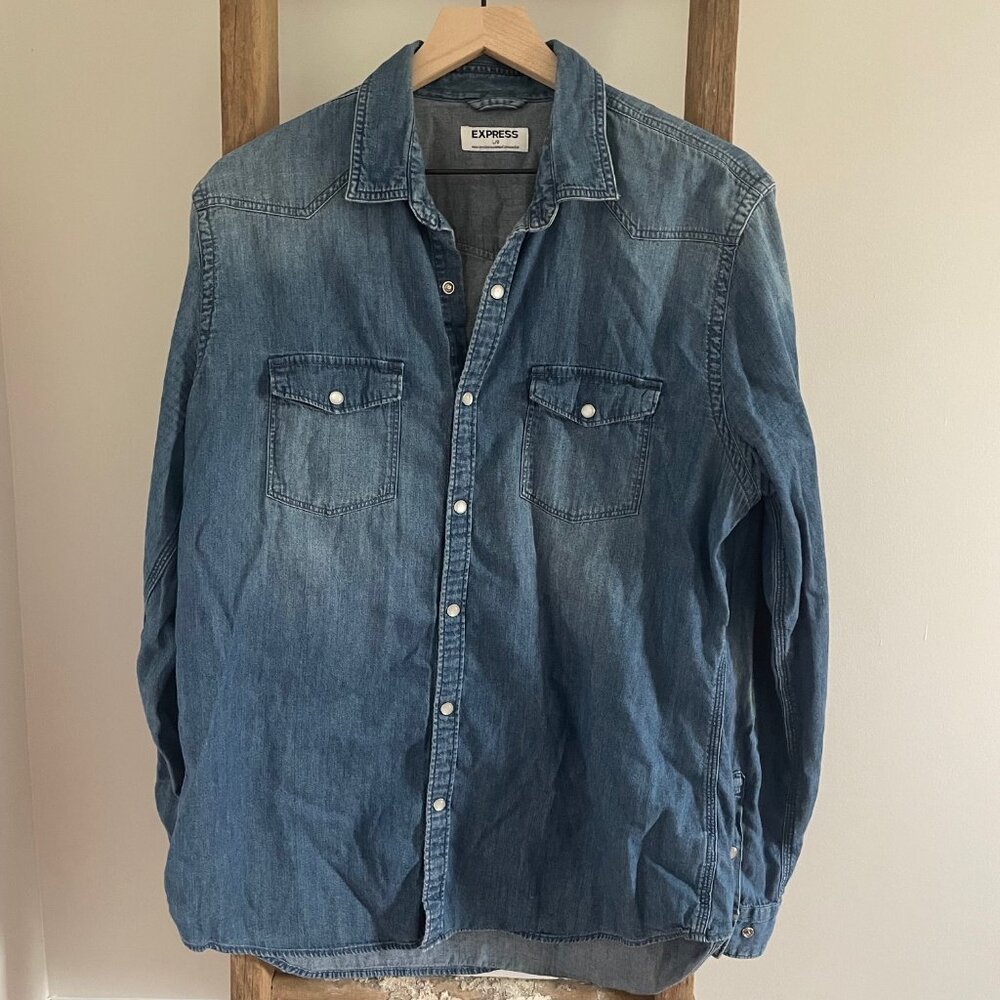 Express Men's Chambray Long Sleeve Snap Shirt Size Large
